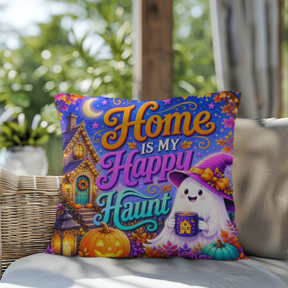 Home Is My Happy Haunt design with cozy ghost house artwork on a Halloween throw pillow