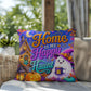 Home Is My Happy Haunt design with cozy ghost house artwork on a Halloween throw pillow