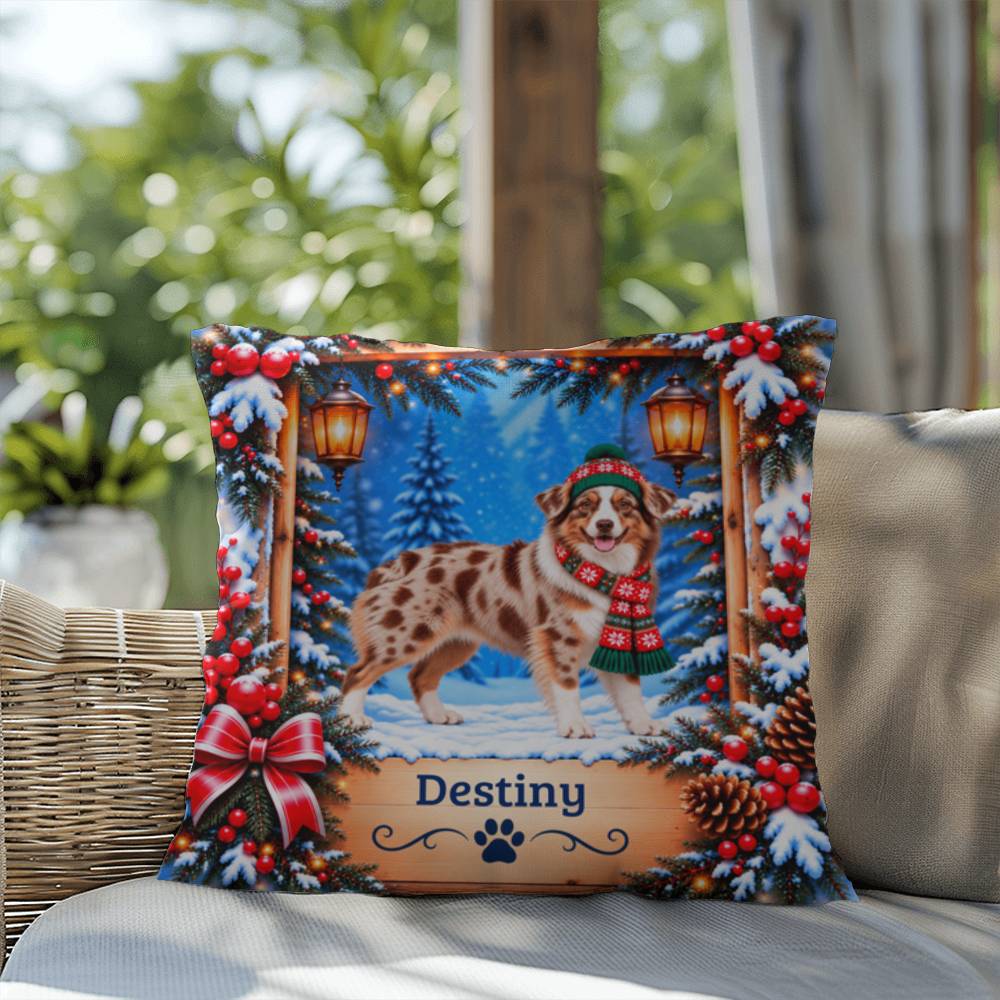 Australian Shepherd (Red Merle Tri, Amber Eyes) - Personalized Aussie Pillow, Winter Keepsake Gift