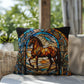 Horse stained glass throw pillow, equestrian animal decor, indoor outdoor cozy home accent
