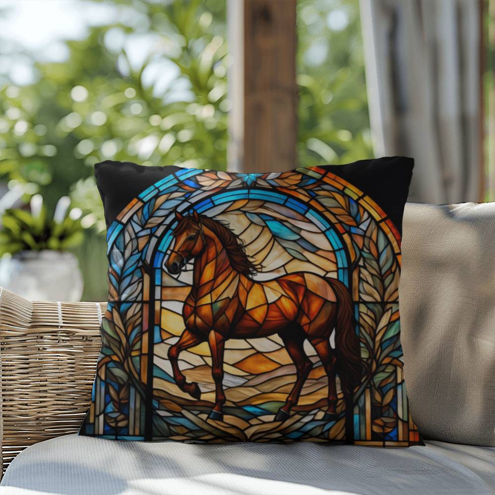Horse stained glass throw pillow, equestrian animal decor, indoor outdoor cozy home accent