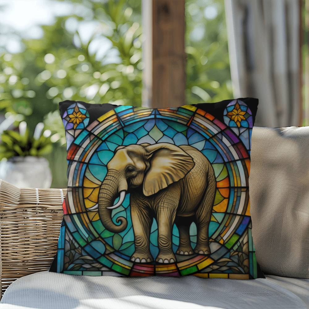 Elephant stained glass throw pillow, safari wildlife home decor, indoor outdoor accent cushion