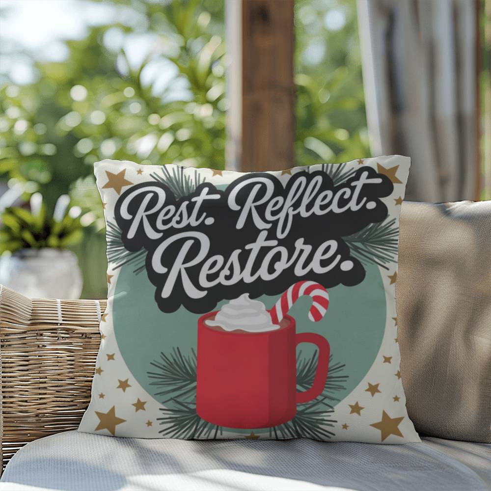 Rest. Reflect. Restore Throw Pillow - Peaceful Christmas pillow for rest and mindfulness