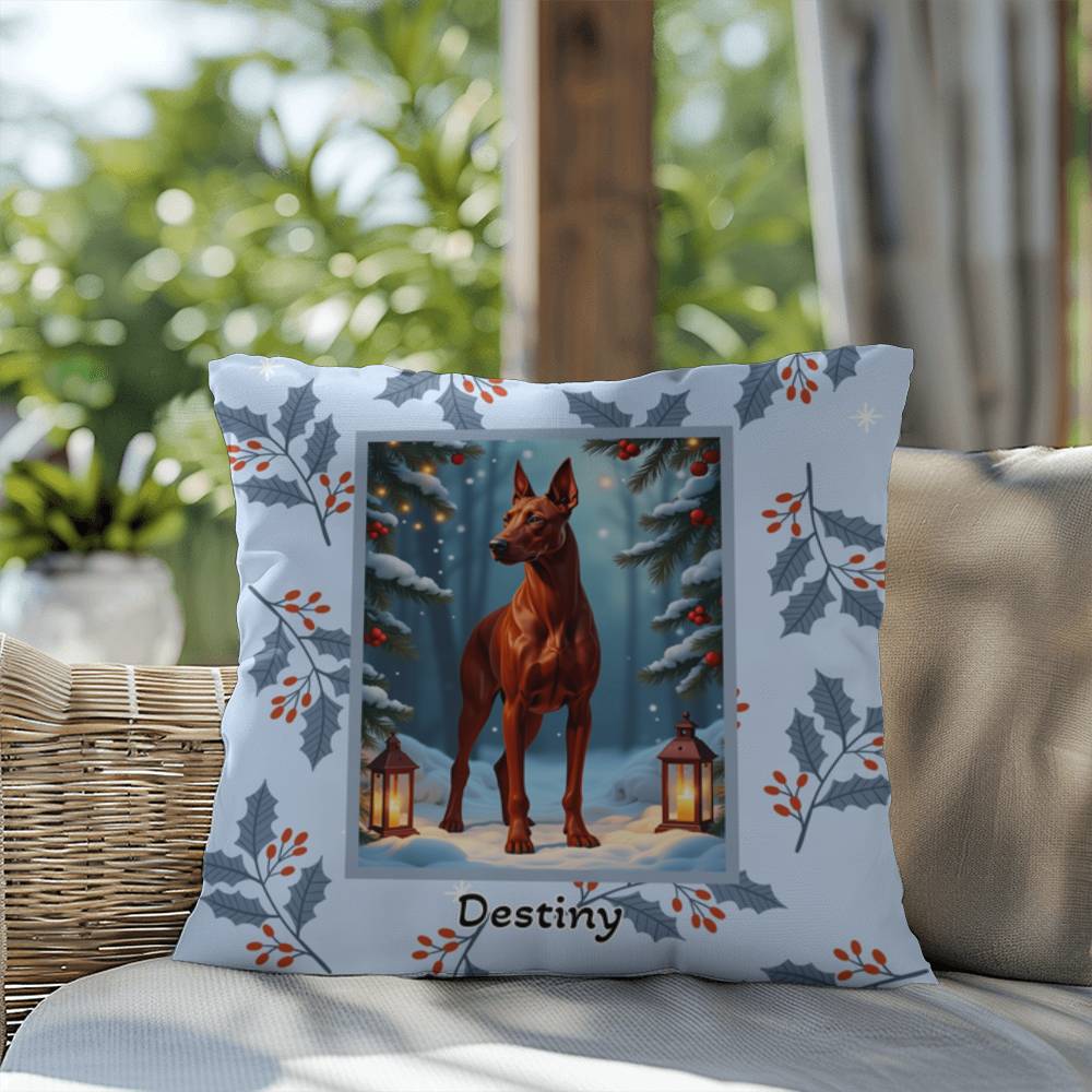 Doberman Red Pillow - Personalized winter dog throw pillow, Doberman home decor, festive accent