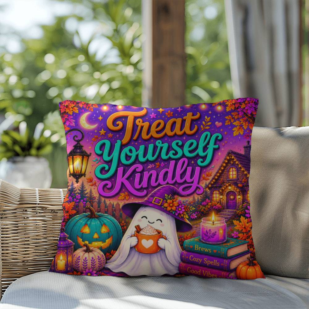 Treat Yourself Kindly message with self care inspired Halloween artwork on a decorative pillow