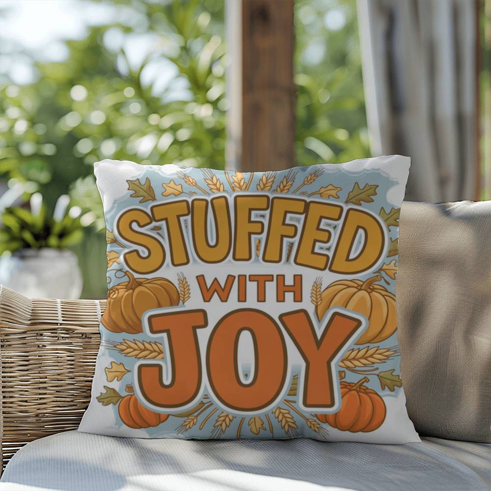 Stuffed With Joy pillow in autumn colors with mindful gratitude quote for cozy Thanksgiving décor