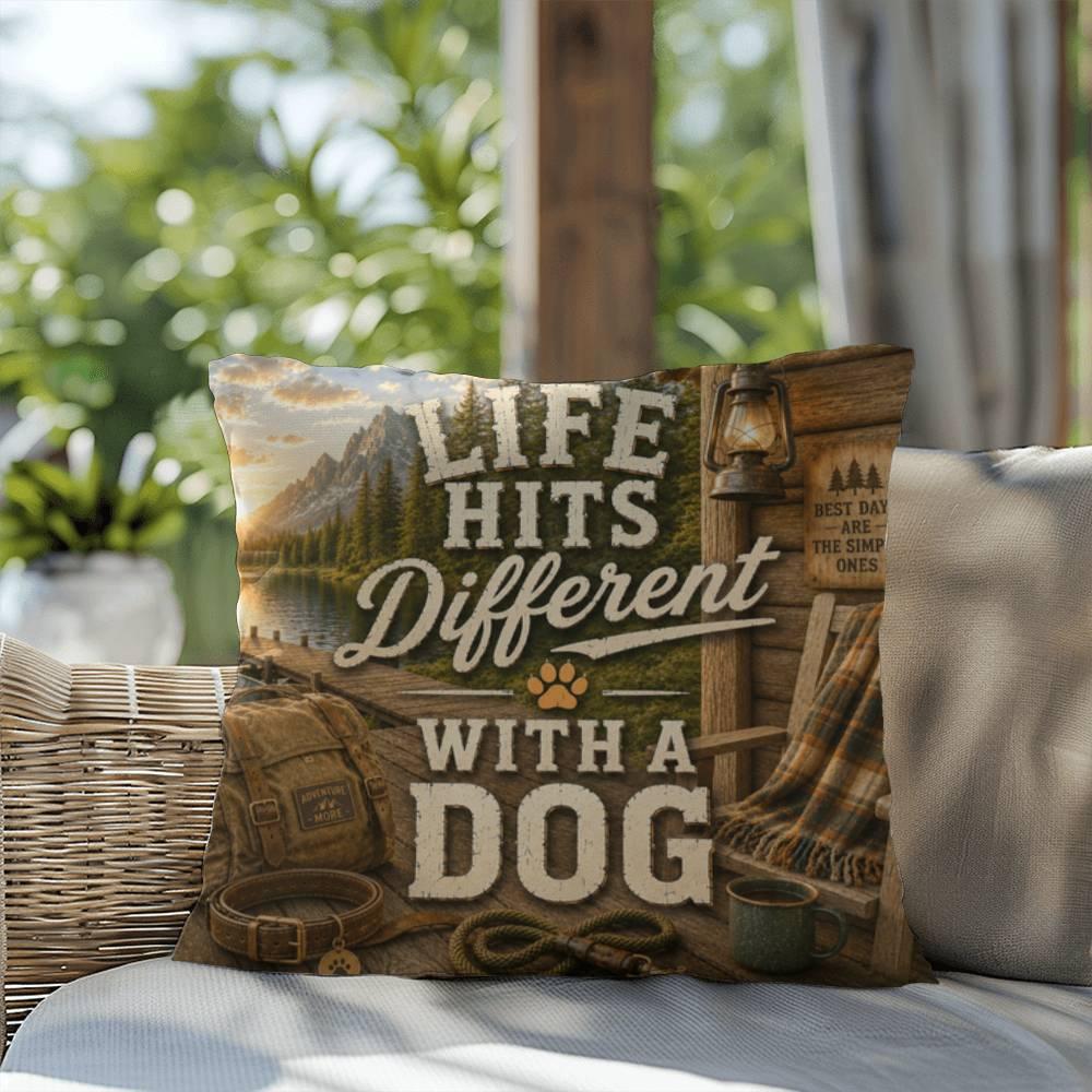 Shop our premium life hits different with a dog throw pillow from MySisterIsASurvivor.