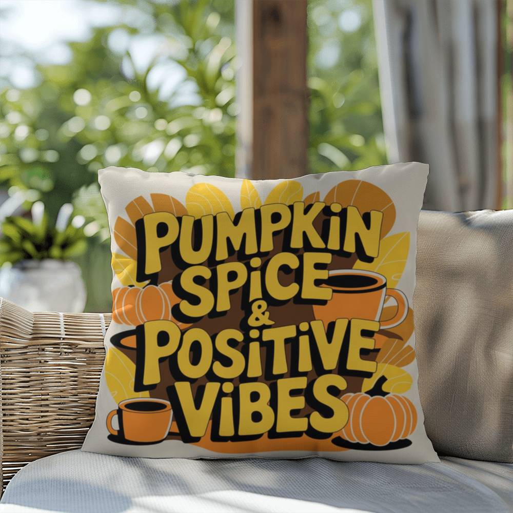 Pumpkin Spice & Positive Vibes pillow with autumn mindfulness message and cozy seasonal décor