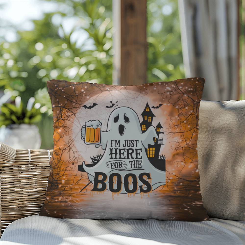 Ghost-themed indoor/outdoor Halloween pillow with “I’m Just Here For The Boos” for fun décor