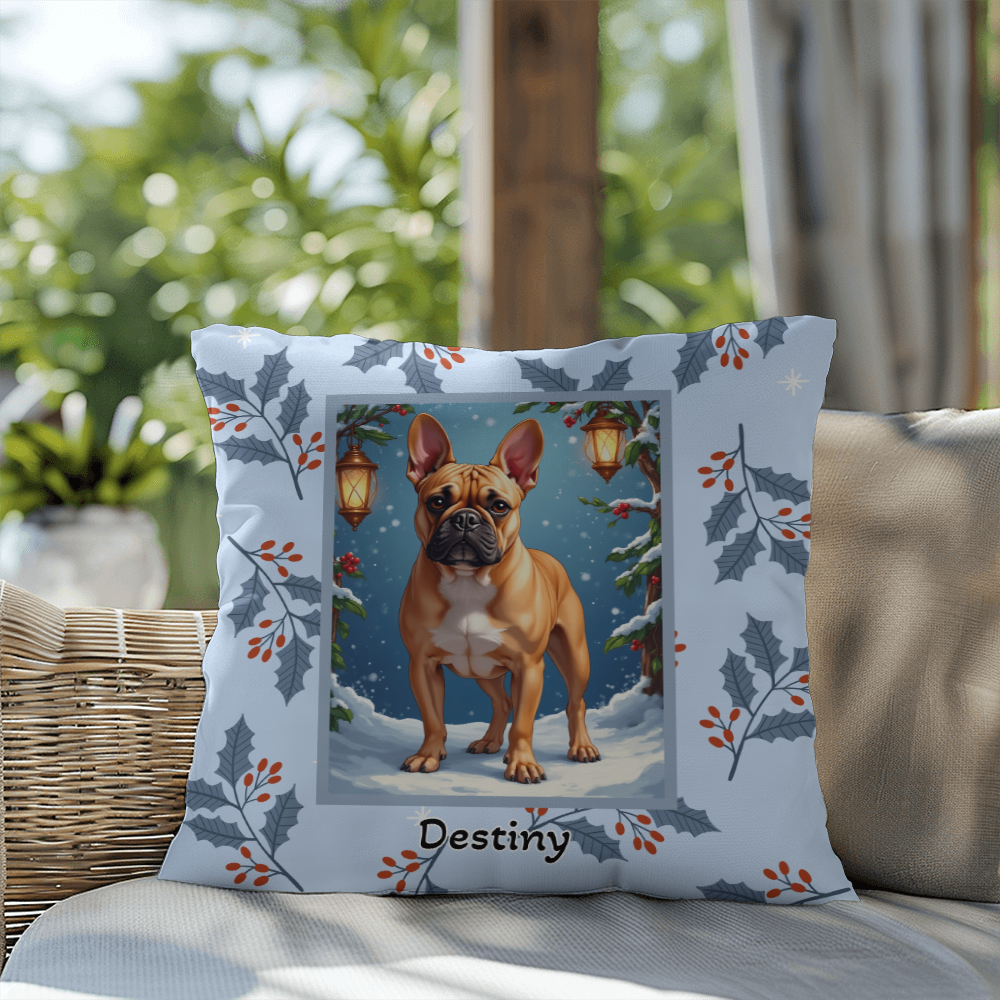 French Bulldog Fawn Pillow - Seasonal Frenchie throw pillow, indoor winter dog home accent