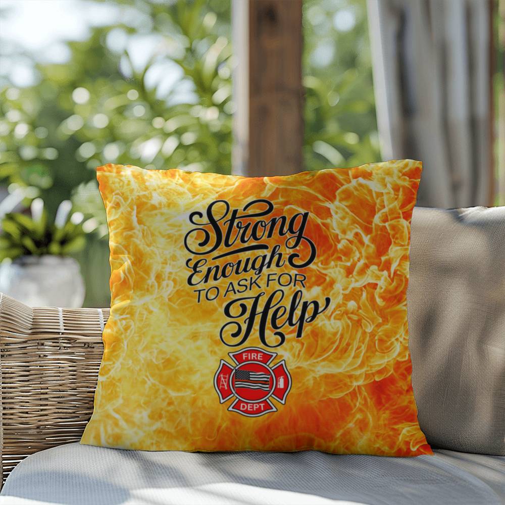Pillow design for first responders, celebrating strength in asking for help and seeking mental health support when needed.