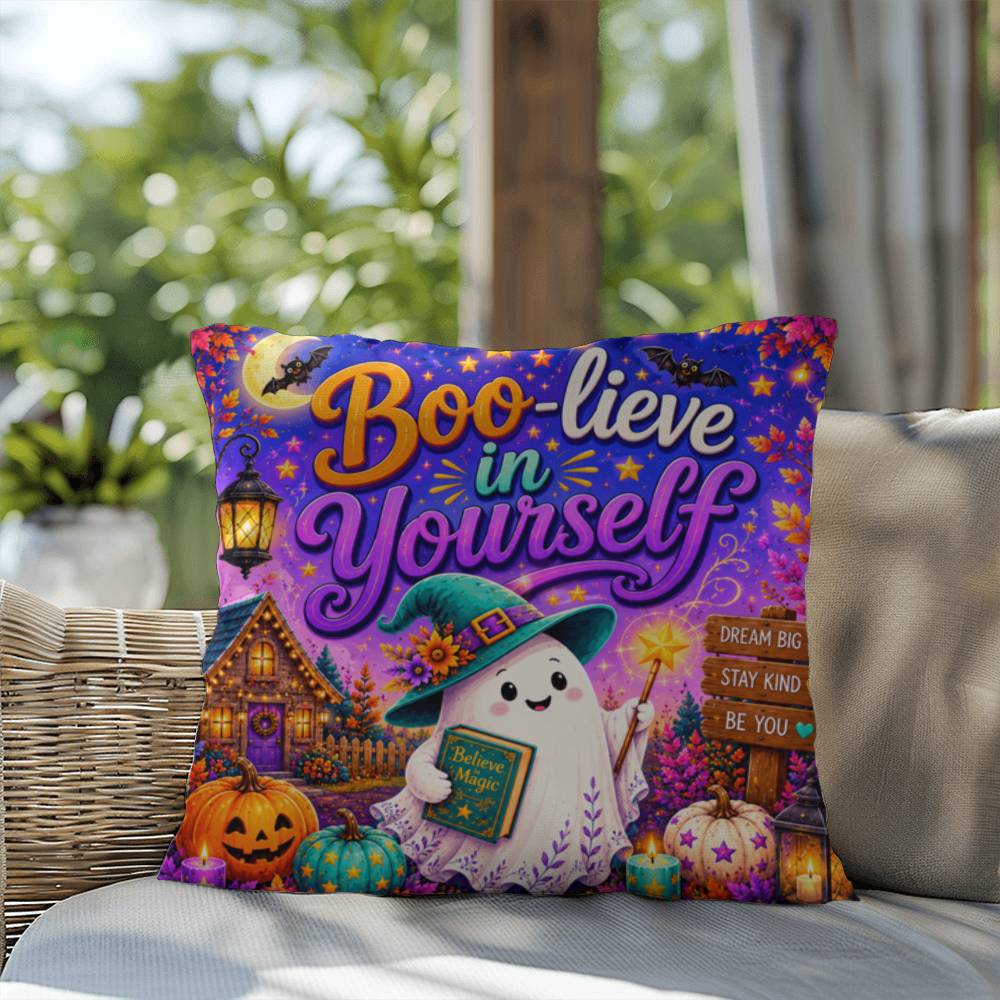 Boo-lieve In Yourself message with friendly ghost illustration on an encouraging Halloween throw pillow