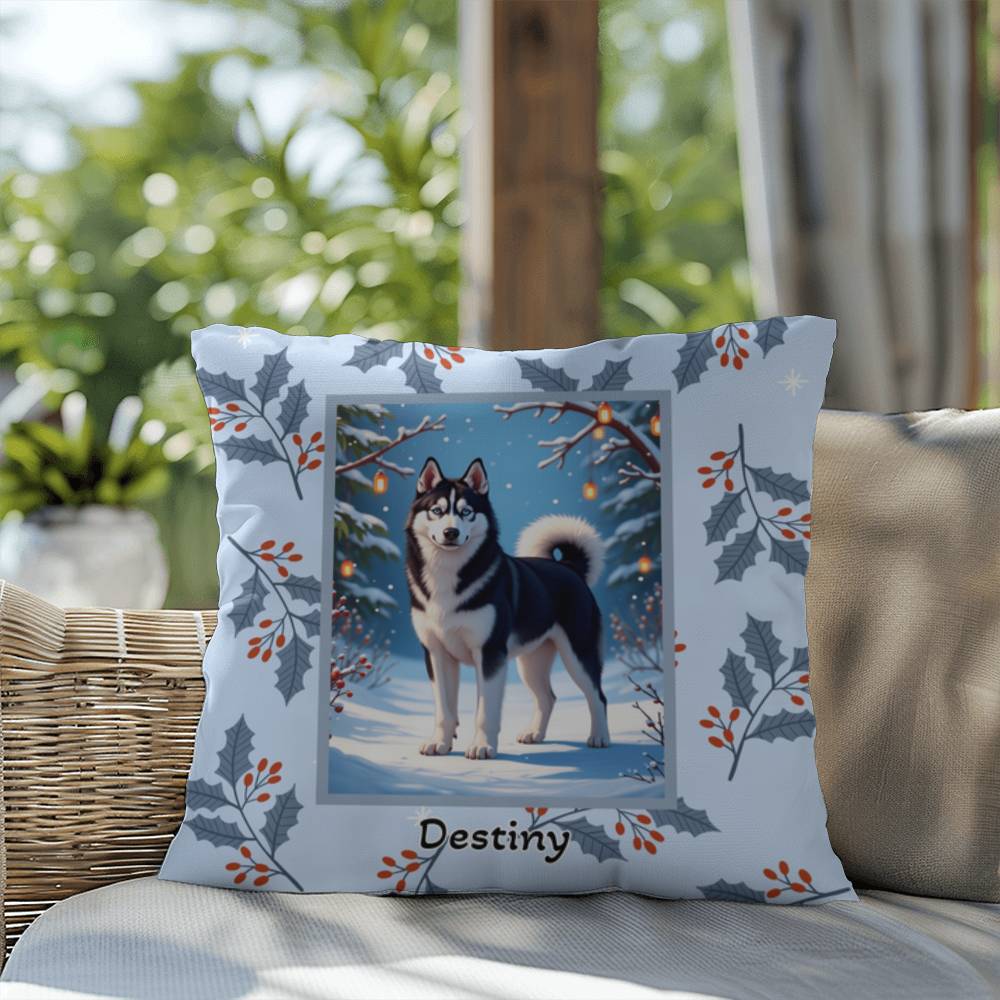 Husky Black & White Pillow - Snow dog winter throw pillow, indoor/outdoor Husky accent, holiday decor