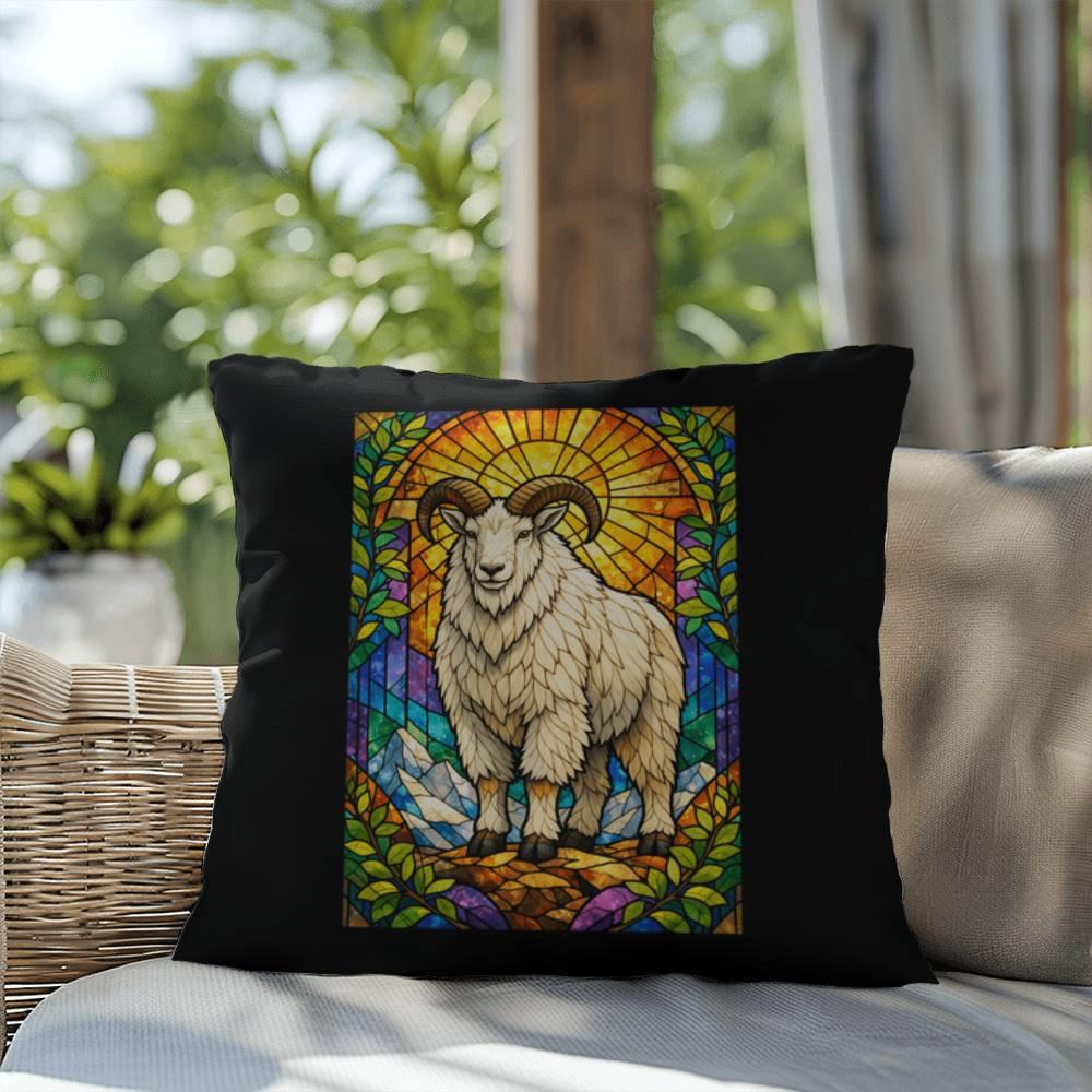 Shop our premium mountain goat stained glass style throw pillow from MySisterIsASurvivor.
