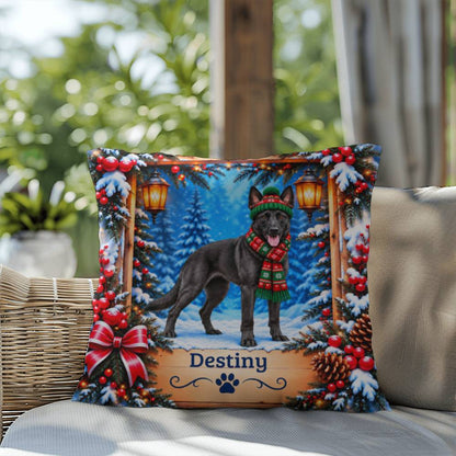 Belgian Malinois (Black Coat) - Personalized Snowy Forest Pillow, Indoor Outdoor Dog Name Gift