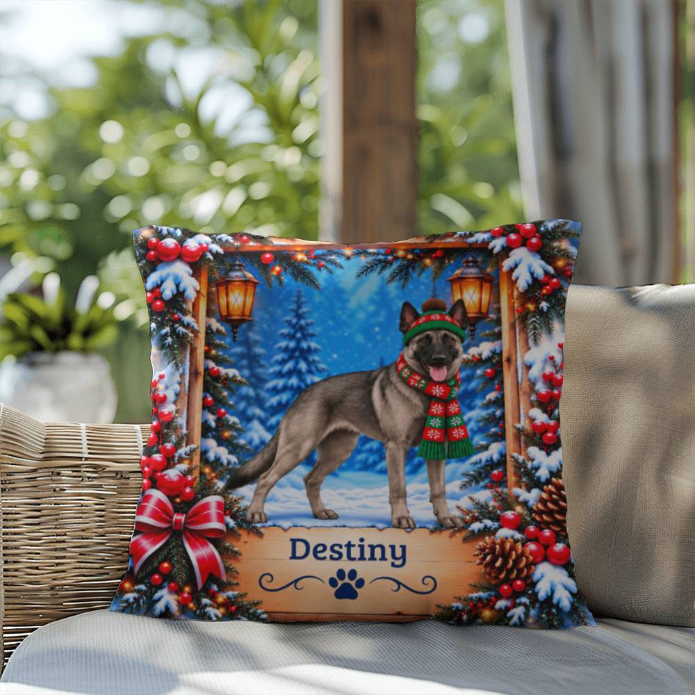 Belgian Malinois (Gray Sable Coat) - Personalized Winter Forest Pillow, Custom Dog Name Gift