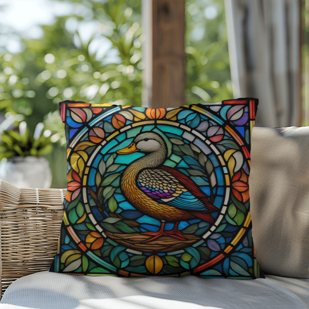 Duck stained glass throw pillow, indoor outdoor farm animal decor, home accent pillow