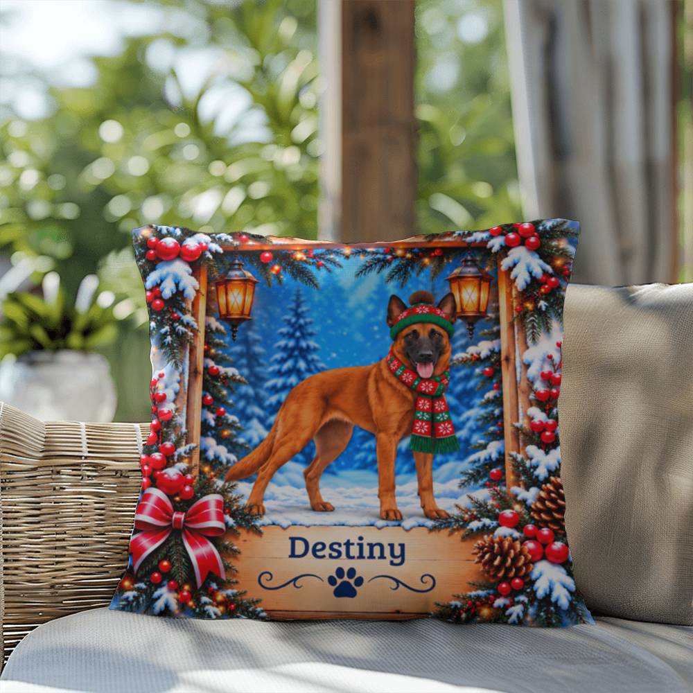 Belgian Malinois (Red Coat) - Personalized Winter Lodge Pillow, Indoor Outdoor Dog Name Gift