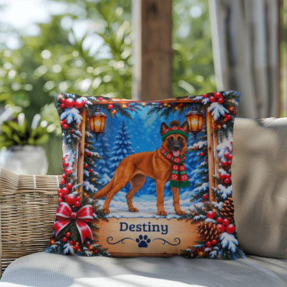 Belgian Malinois (Red Coat) - Personalized Winter Lodge Pillow, Indoor Outdoor Dog Name Gift