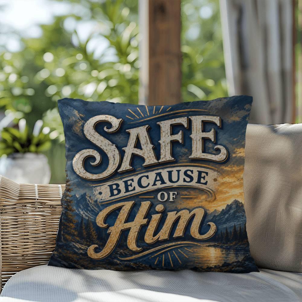 Shop our premium safe because of him throw pillow from MySisterIsASurvivor.