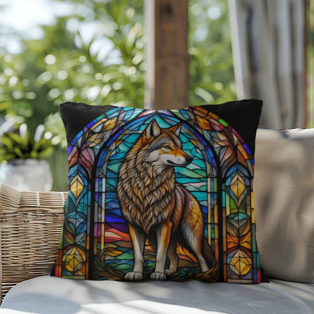 Wolf stained glass throw pillow, forest wildlife decor, indoor outdoor cozy home accent