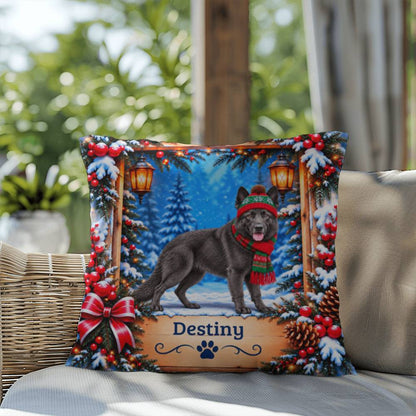 German Shepherd (Solid Blue Steel Coat) - Personalized Woodland Pillow, Custom Name Winter Gift