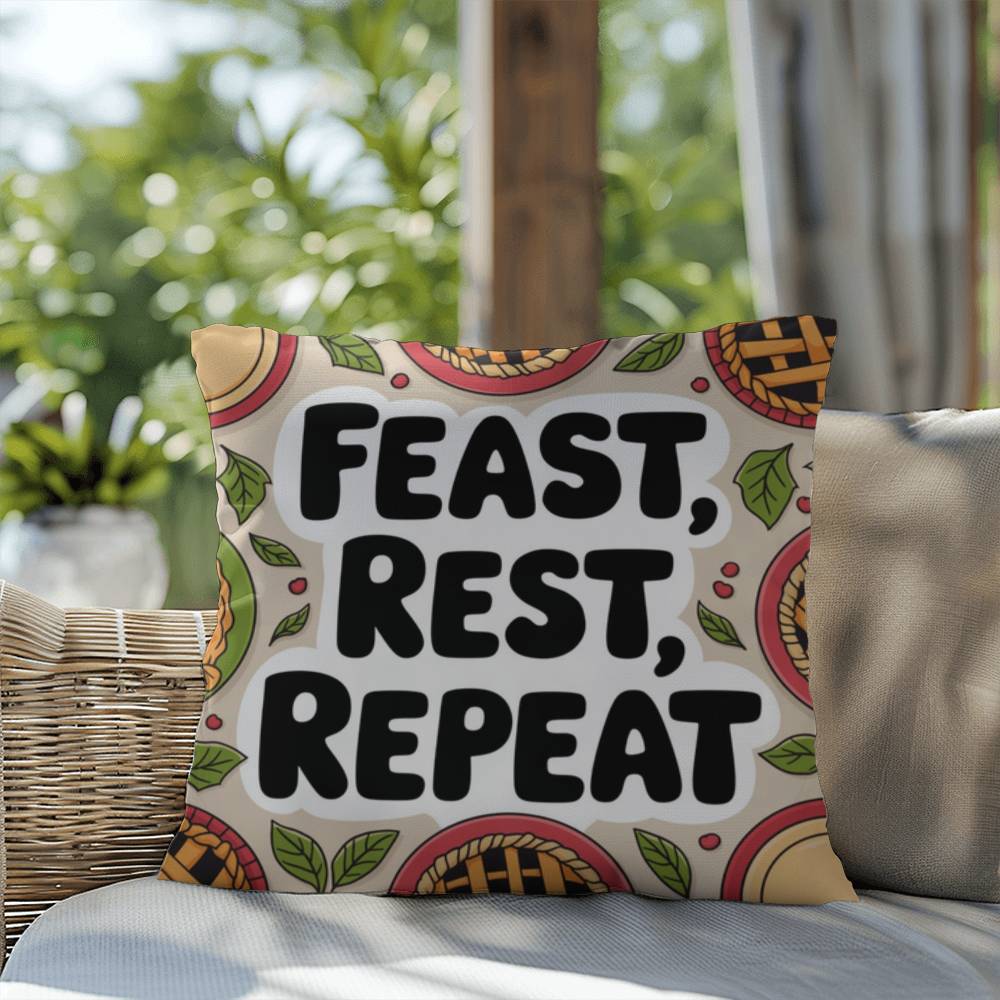 Feast, Rest, Repeat pillow featuring mindfulness message with cozy Thanksgiving and fall décor vibes