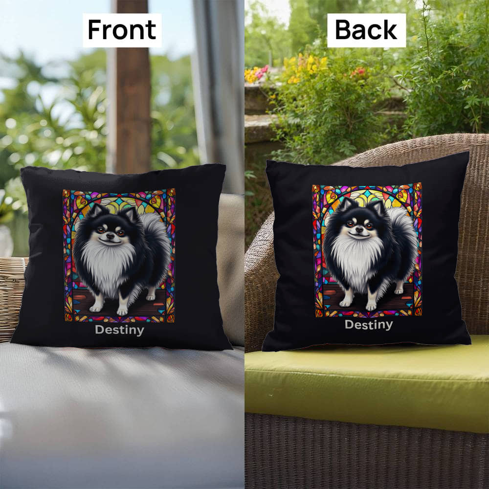 Pomeranian (Black and White) Indoor/Outdoor Pillow - Personalized Stained Glass Dog Tribute & Comfort Gift