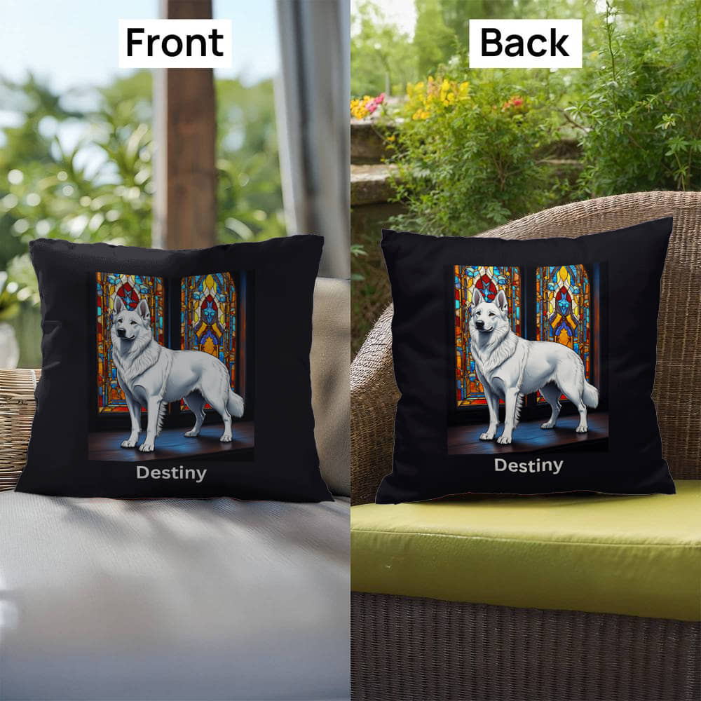 German Shepherd (White) Indoor/Outdoor Pillow - Personalized Stained Glass Dog Tribute & Comfort Gift