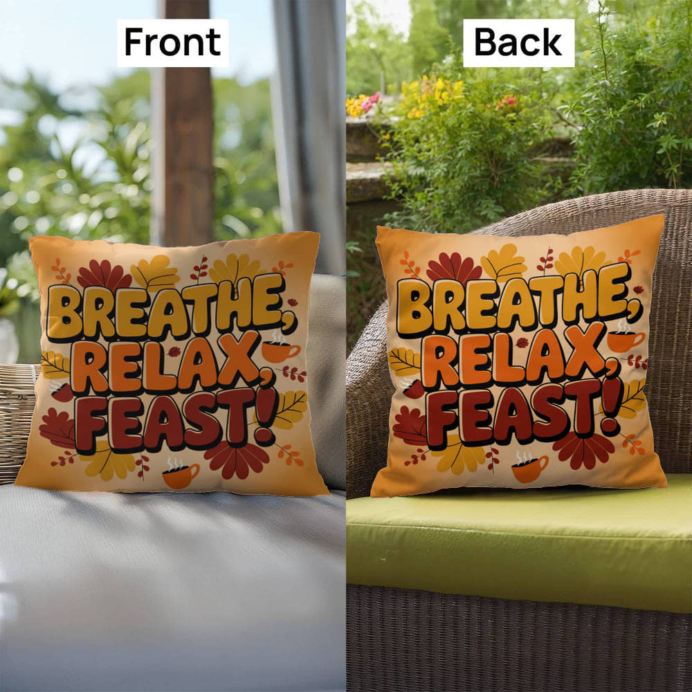 Breathe, Relax, Feast! pillow in fall colors with Thanksgiving mindfulness quote for cozy home spaces