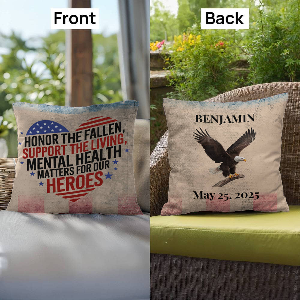 Honor the Fallen personalized indoor outdoor pillow for veteran remembrance, Memorial Day tribute, and PTSD awareness