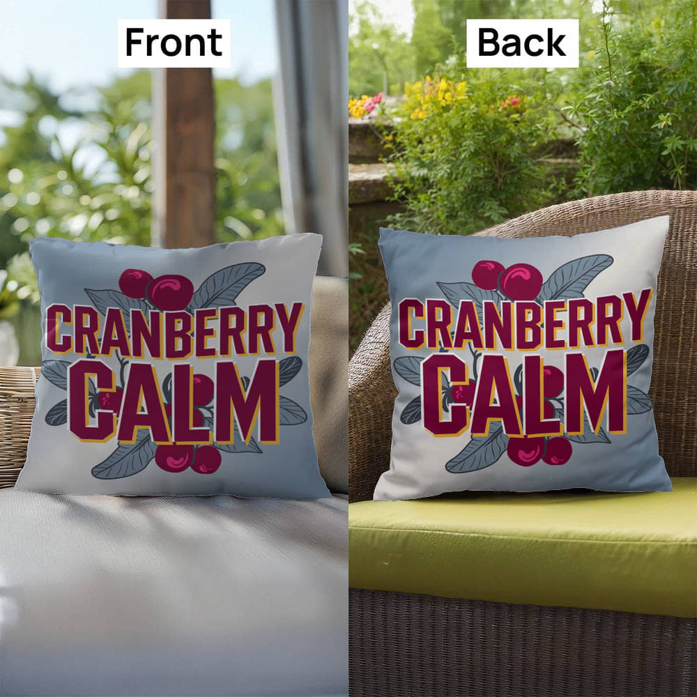 Cranberry Calm throw pillow with peaceful mindfulness quote and seasonal fall home décor accent
