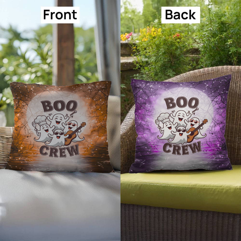 Halloween-themed indoor/outdoor throw pillow with “Boo Crew,” perfect for spooky home décor