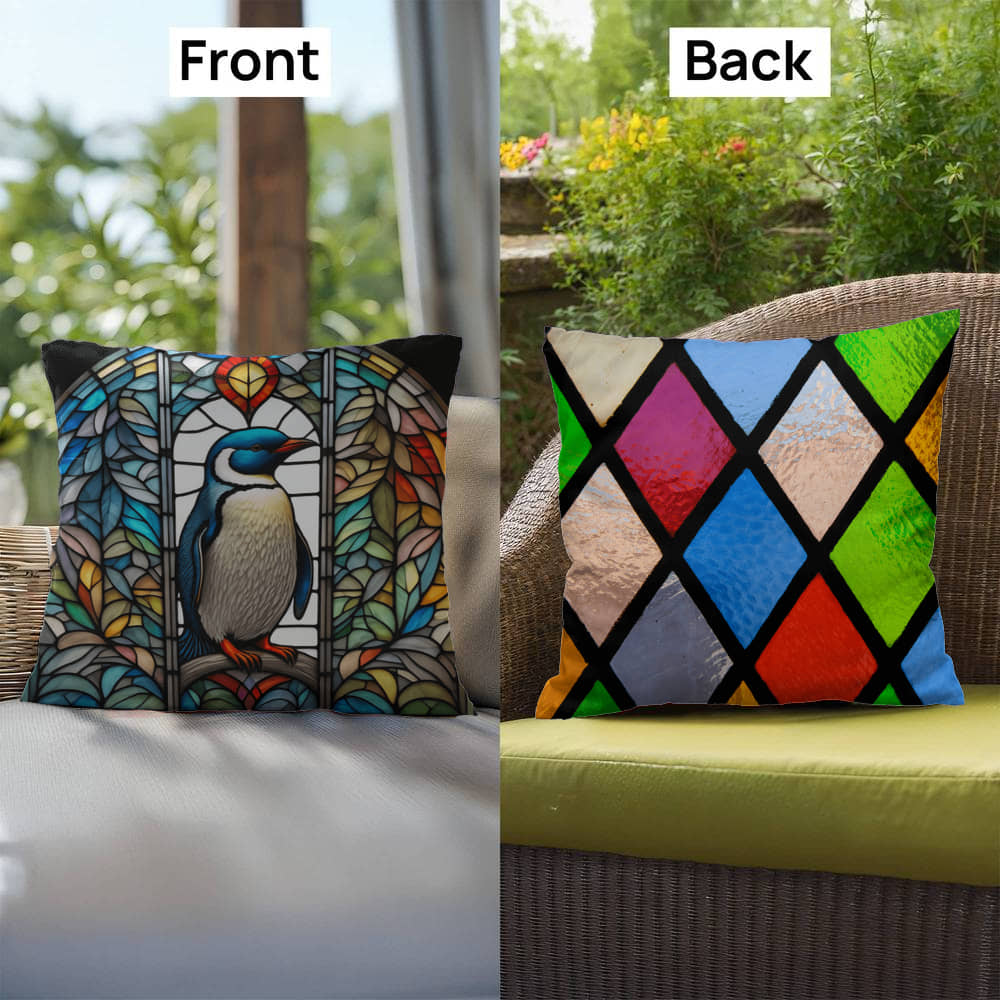 Penguin stained glass throw pillow, Arctic wildlife decor, indoor outdoor accent pillow