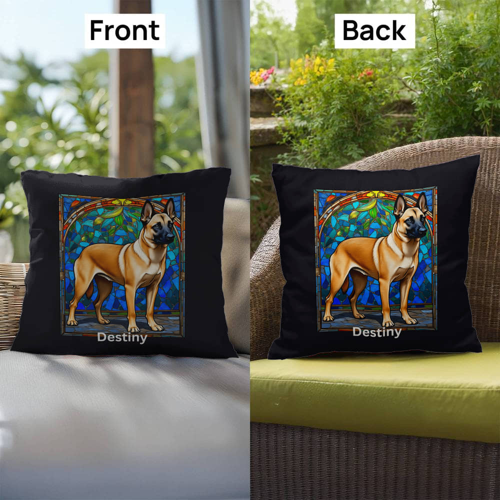 Belgian Malinois (Cream Sable) Indoor/Outdoor Pillow - Personalized Stained Glass Dog Tribute & Comfort Gift