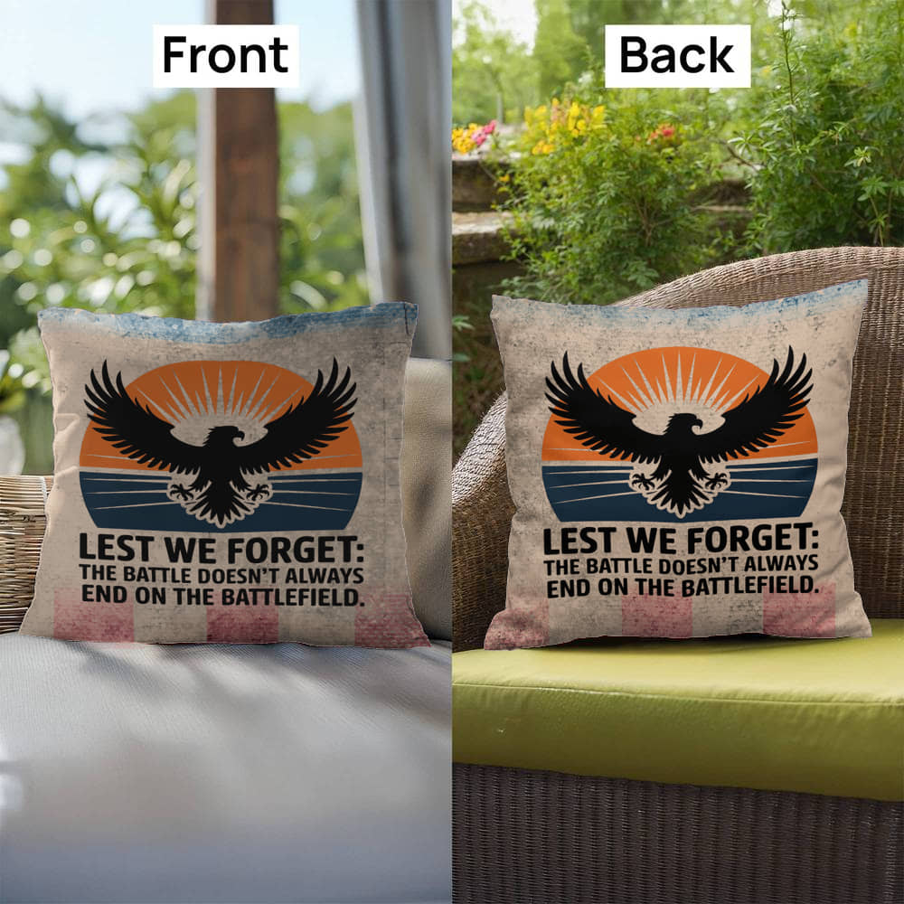 Lest We Forget Indoor/Outdoor Pillow: Resilient Comfort - Mental Health & Memorial Tribute