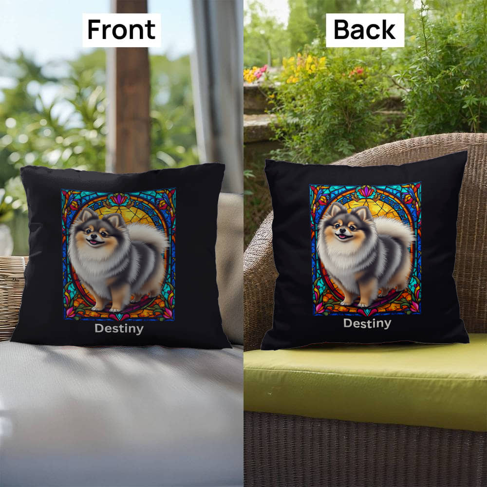 Pomeranian (Wolf Sable) Indoor/Outdoor Pillow - Personalized Stained Glass Dog Tribute & Comfort Gift