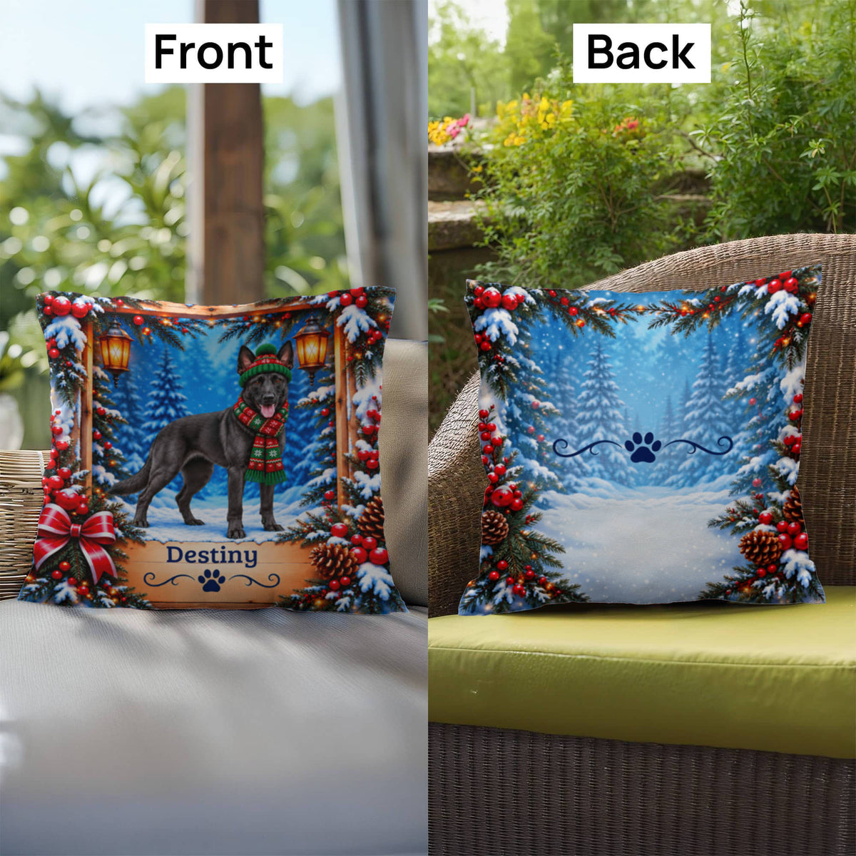Belgian Malinois (Black Coat) - Personalized Snowy Forest Pillow, Indoor Outdoor Dog Name Gift