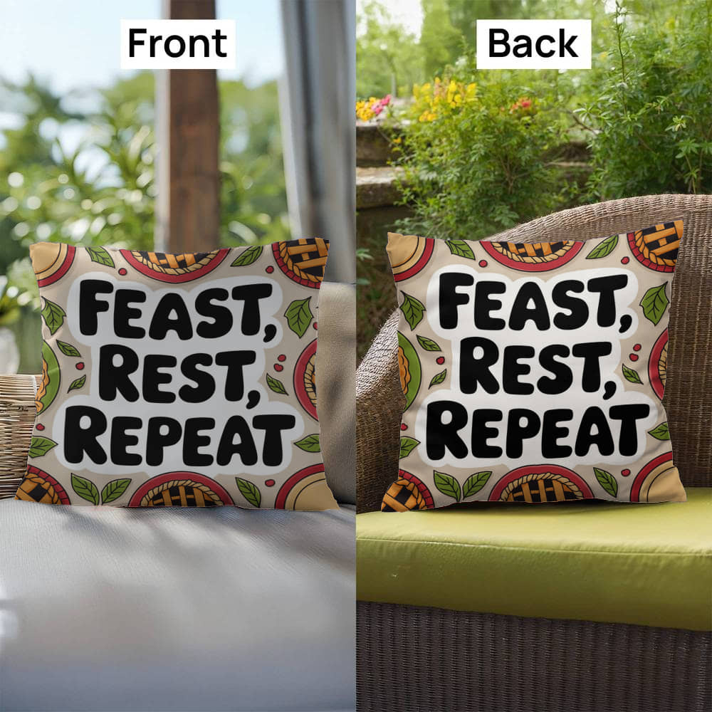 Feast, Rest, Repeat pillow featuring mindfulness message with cozy Thanksgiving and fall décor vibes