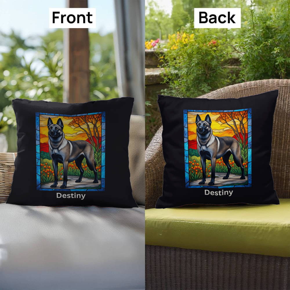 Belgian Malinois (Gray Sable) Indoor/Outdoor Pillow - Personalized Stained Glass Dog Tribute & Comfort Gift