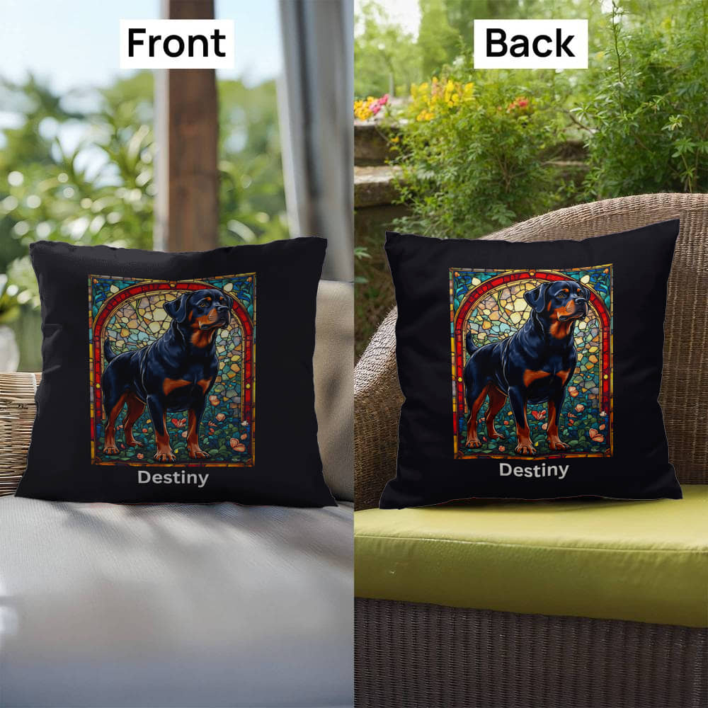 Rottweiler (Black and Mahogany) Indoor/Outdoor Pillow - Personalized Stained Glass Dog Tribute & Comfort Gift