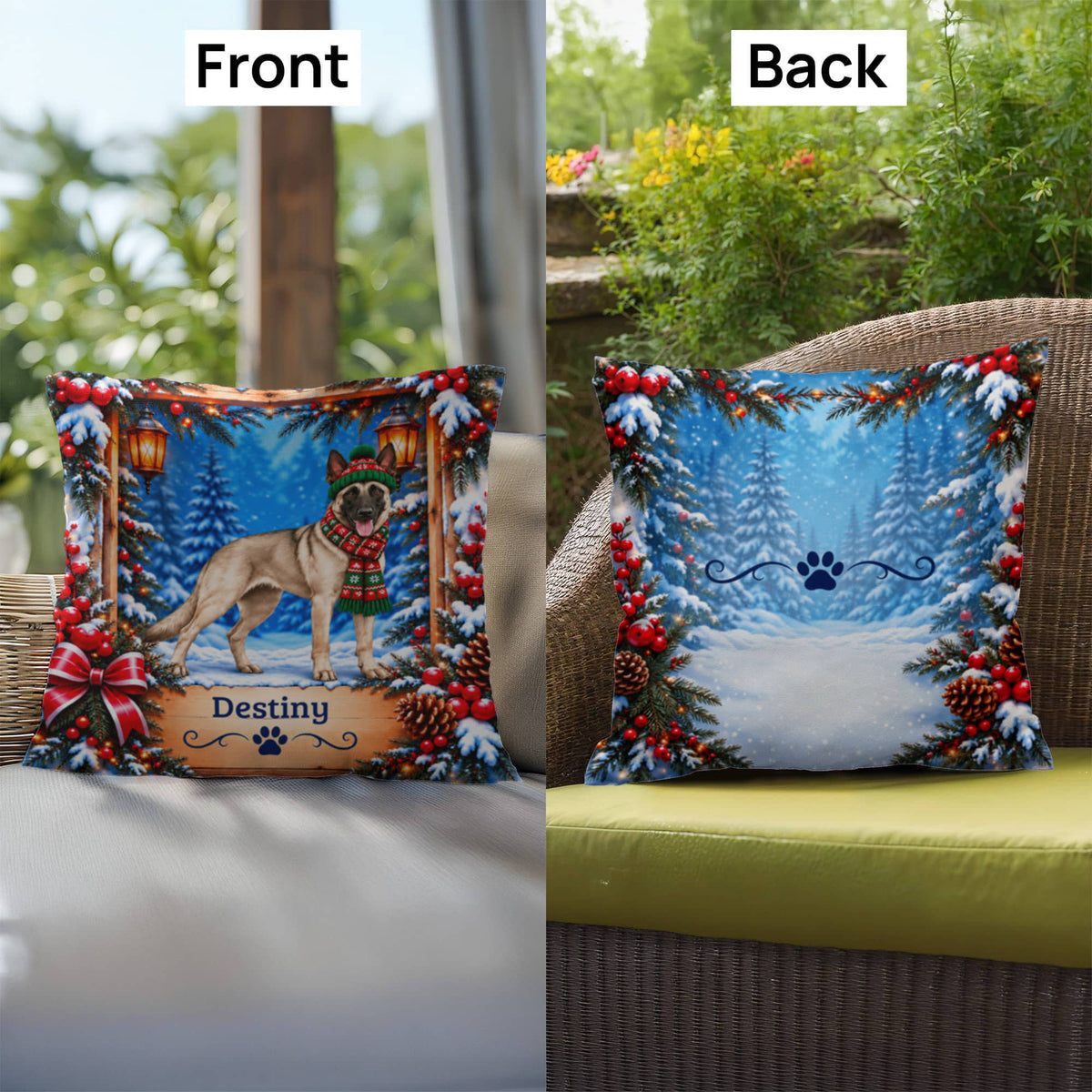 Belgian Malinois (Cream Sable Coat) - Personalized Winter Woodland Pillow, Custom Dog Name Gift