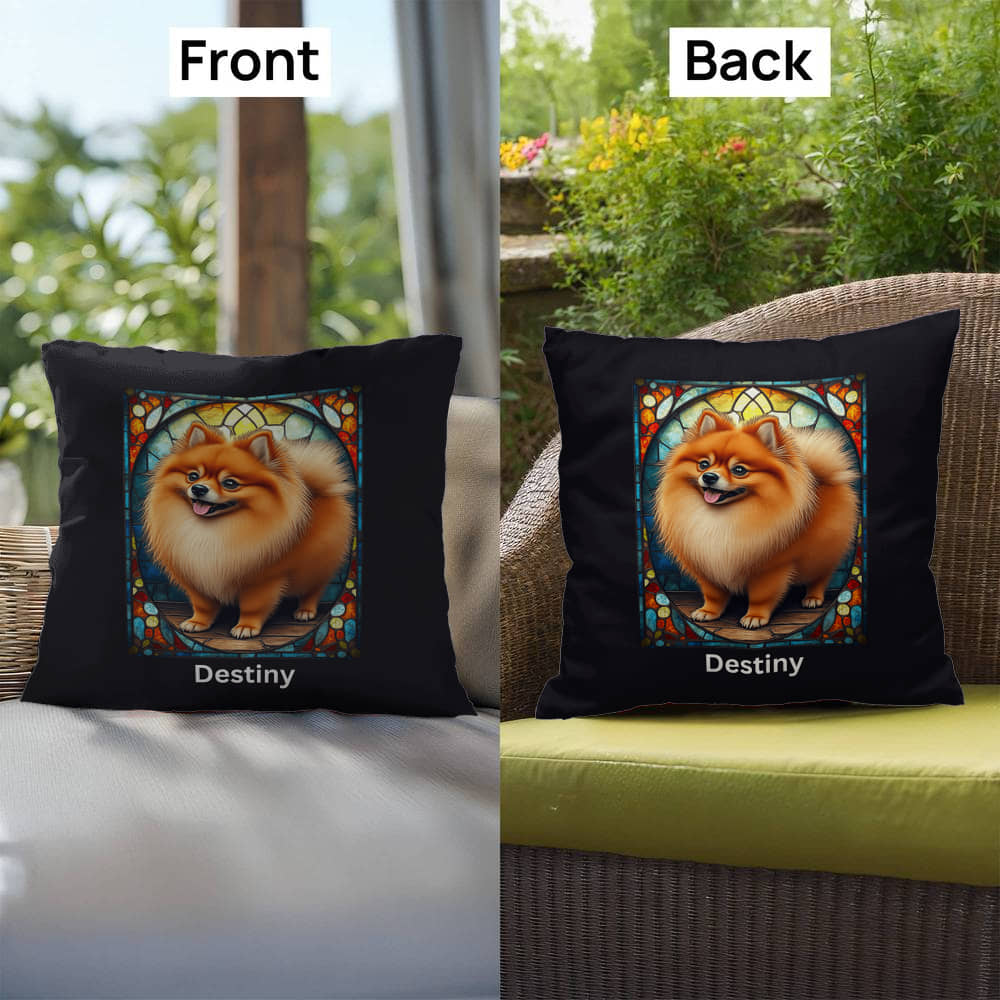 Pomeranian (Red Sable) Indoor/Outdoor Pillow - Personalized Stained Glass Dog Tribute & Comfort Gift