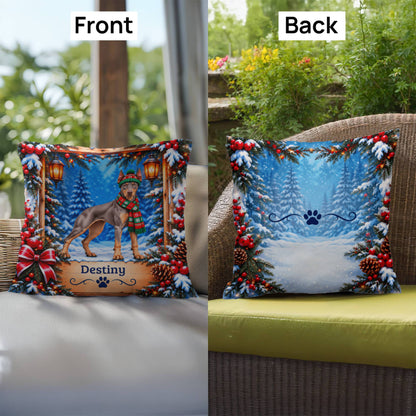Doberman (Blue Fawn Isabella Coat) - Personalized Dog Name Pillow, Snowy Cabin Decor