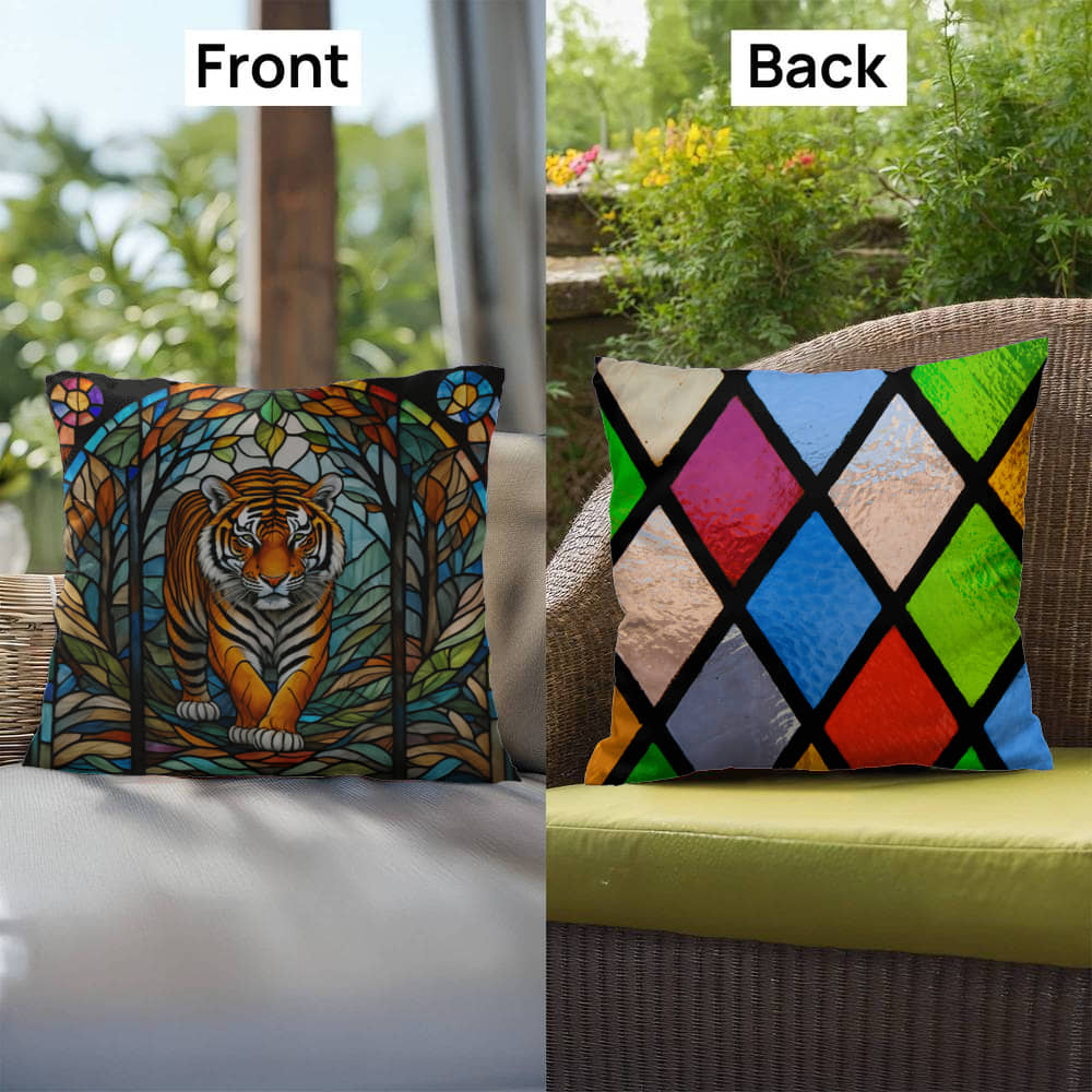 Tiger stained glass throw pillow, jungle wildlife decor, indoor outdoor accent pillow