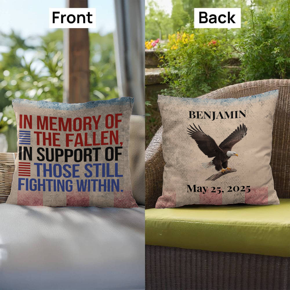 In Memory of the Fallen personalized patriotic pillow for veteran tribute, PTSD awareness, and Memorial Day remembrance