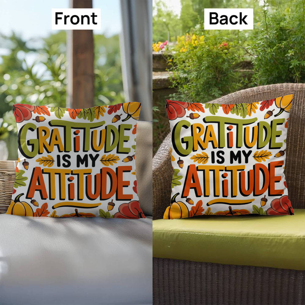 Gratitude Is My Attitude throw pillow with seasonal mindfulness quote and colorful autumn décor accent