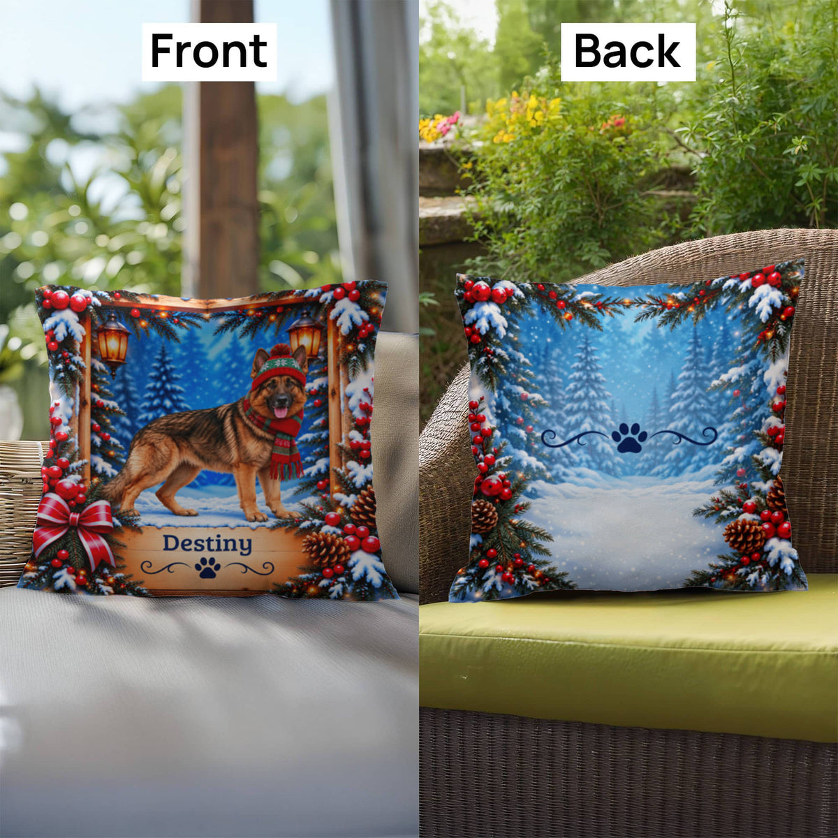 German Shepherd (Gold Sable Coat) - Personalized Cozy Lodge Pillow, Winter Dog Name Gift