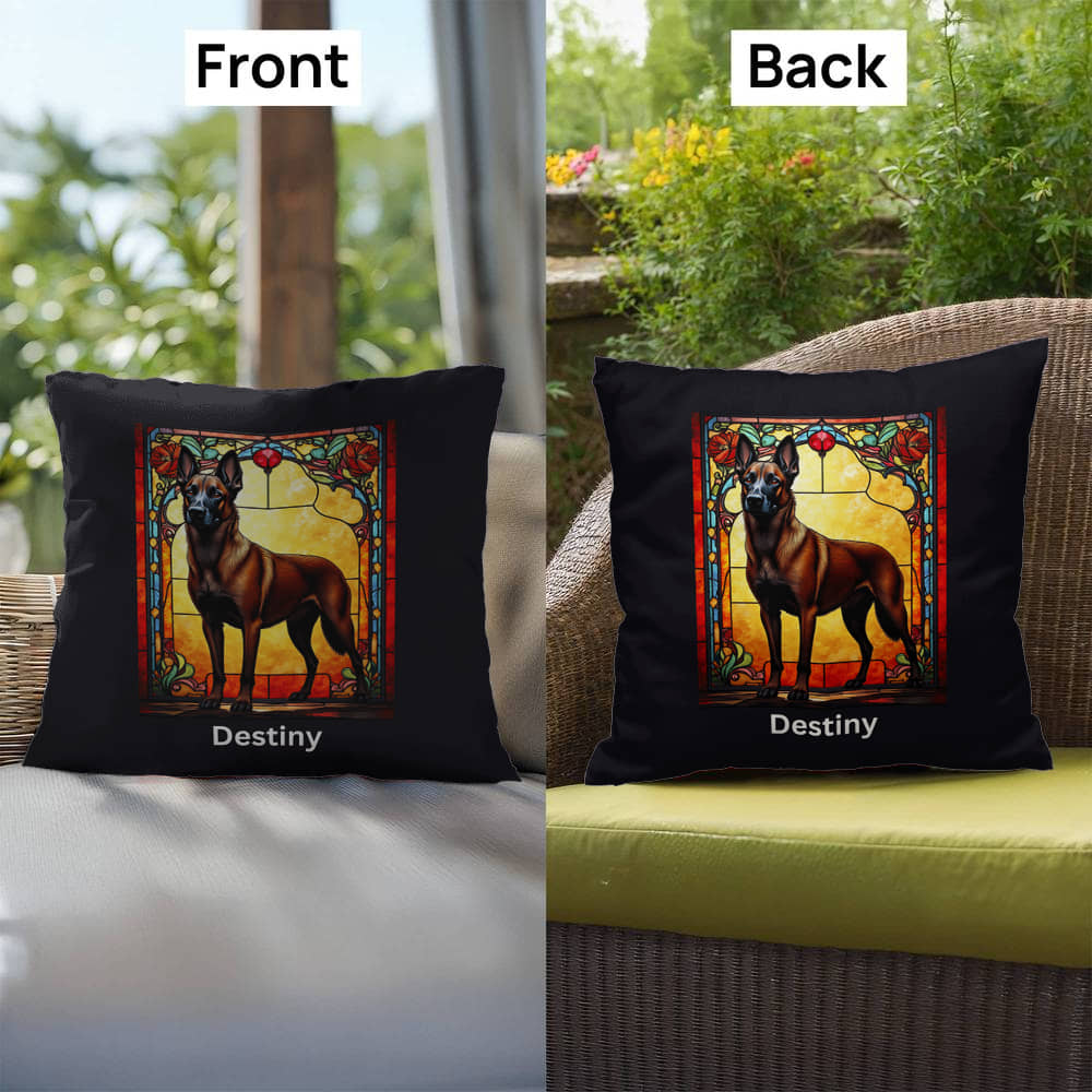 Belgian Malinois (Red Sable) Indoor/Outdoor Pillow - Personalized Stained Glass Dog Tribute & Comfort Gift