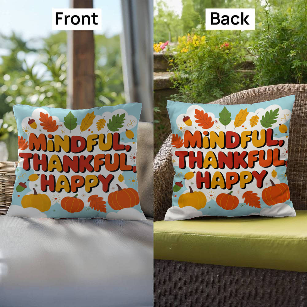 Mindful, Thankful, Happy throw pillow with uplifting fall mindfulness message for seasonal décor
